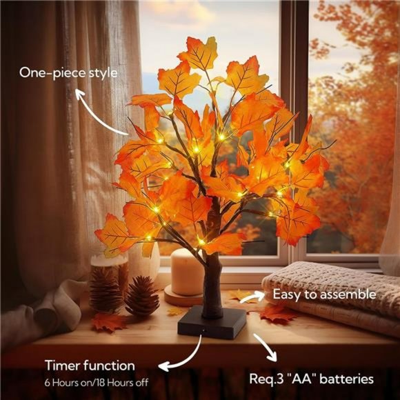 24LED Fall Tree Lighted Maple Tree, Maple Leaf Table Tree,Timer Battery Operated - Picture 2 of 6